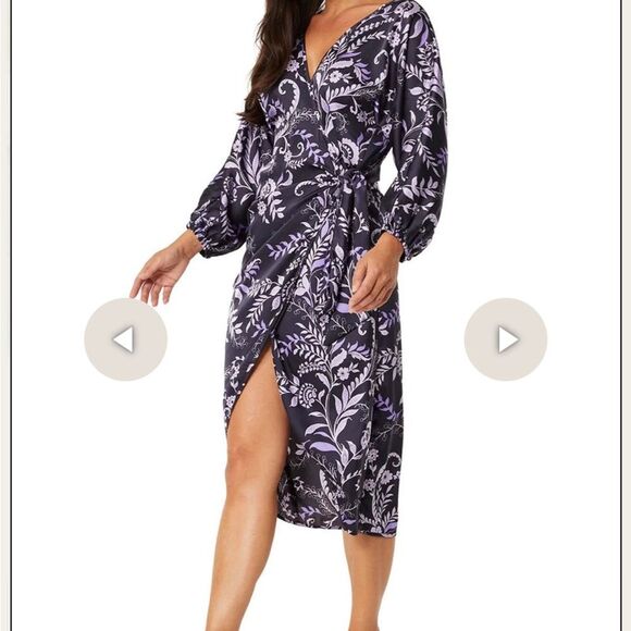 NWT MISA Sylvia Floral Wrap Midi Dress with black and purple print, silky sexy M - Picture 1 of 15